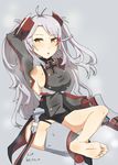  1girl arm_behind_head armpits arms_up azur_lane barefoot blush feet legs_crossed long_hair parted_lips prinz_eugen_(azur_lane) s_k_(shiro_karasu) shoes_removed silver_hair sitting smell soles steam sweat toes twintails 