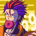  1boy ahoge beads biting bust collarbone doughnut eating feather food hair_ornament holding in_mouth looking_away male_focus multicolored_hair nail_polish nanbaka number open_shirt purple_hair red_hair rock_(nanbaka) scar solo spiked_hair sprinkles striped_background two-tone_hair yellow_background yellow_eyes 
