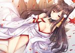  akagi_(azur_lane) akashio_(loli_ace) animal_ears azur_lane bangs bare_shoulders blush breasts brown_hair collar collarbone commentary_request eyebrows_visible_through_hair finger_to_mouth fox_ears hair_ornament index_finger_raised japanese_clothes kimono kitsune large_breasts long_hair lying multiple_tails obi on_side red_eyes sash smile solo tail thighs white_kimono 