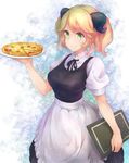  aletta blonde_hair breasts dress food green_eyes hei_meng highres holding holding_plate horns isekai_shokudou large_breasts medium_hair menu pinafore_dress pizza plate smile solo standing waitress 
