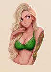  1girl arm_tattoo bare_shoulders blonde_hair blue_eyes blush bra breasts brown_background carlos_eduardo cleavage closed_mouth collarbone commission earrings green_bra highres jewelry lips long_hair medium_breasts navel original simple_background smug solo stomach tattoo underwear underwear_only upper_body wavy_hair 