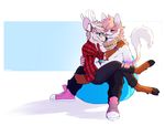  2017 anthro black_nose blue_eyes bracelet brown_fur cat cervine clothed clothing cuddling cushion deer duo eyewear feline footwear fully_clothed fur glasses hair holding_each_other hooves inner_ear_fluff jewelry male male/male mammal open_mouth pants pink_nose raised_tail scarf shirt shoes simple_background sitting tongue tongue_out white_background yellow_eyes zereno 