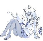  alternate_form animal_ears arm_support bow cat cat_ears cat_tail charle_(fairy_tail) fairy_tail feet happy_(fairy_tail) long_hair looking_at_another mashima_hiro monochrome necktie pantyhose reclining simple_background sitting skirt smile tail tail_bow toes 