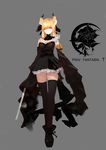  absurdres animal_ears bangs bare_shoulders black_footwear black_hakama black_legwear black_skirt blonde_hair blunt_bangs boots breasts brown_eyes closed_mouth copyright_name detached_collar frilled_skirt frills full_body grey_background hair_ornament hair_over_one_eye hakama hakama_skirt highres holding holding_sword holding_weapon japanese_clothes logo looking_at_viewer medium_breasts obi pixiv_fantasia pixiv_fantasia_t platform_footwear pleated_skirt sash simple_background skirt smoke solo standing sword thighhighs walking weapon xiaoxiao zettai_ryouiki 