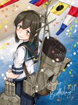  birthday blue_skirt braid brown_eyes brown_hair commentary_request eyebrows_visible_through_hair flag from_above hair_between_eyes highres isonami_(kantai_collection) kantai_collection looking_at_viewer looking_back machinery outdoors owada_(kousonhuchi) pleated_skirt rigging school_uniform serafuku short_sleeves sidelocks skirt smile smokestack solo torpedo_tubes water 