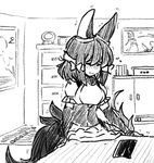  animal_ears apron blush book bow cabinet clenched_teeth closed_eyes crotch_rub elbow_gloves feathers fingerless_gloves gloves greyscale hair_between_eyes hair_bow indoors kikimora_(monster_girl_encyclopedia) latenight long_hair maid_apron monochrome monster_girl monster_girl_encyclopedia non-web_source painting_(object) parted_lips photo_(object) proto_kikimora_(monster_girl_encyclopedia) puffy_short_sleeves puffy_sleeves short_hair short_sleeves sketch solo standing sweat table table_sex tail teeth trembling 