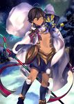  ahoge black_hair cape child dark_skin dark_skinned_male fate/grand_order fate/prototype fate/prototype:_fragments_of_blue_and_silver fate_(series) highres looking_at_viewer male_focus ozymandias_(fate) pom_pom_(clothes) protected_link ribbon santa_costume santa_lily shorts solo sphinx_awlad yellow_eyes younger 