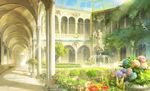  arch architecture column commentary conservatory courtyard day flower fountain garden hallway indoors light_particles mugon no_humans original pillar plant potted_plant scenery shadow sky statue sunlight vaulted_ceiling vines water 