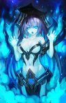  bangs bare_arms bare_shoulders black_hat blue blue_eyes blue_fire breasts claw_pose collarbone cowboy_shot fire hat highres large_breasts light_particles loincloth long_hair looking_at_viewer moeoh_ex navel no_pupils purple_hair revealing_clothes solo standing stomach underboob w_arms zhuore_zhi_hen 