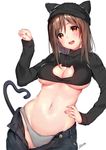  :d animal_ears animal_hat bangs beanie black_sweater blue_pants blush bow bow_panties breasts brown_eyes brown_hair cat_cutout cat_ears cat_hat cat_tail cleavage contrapposto cowboy_shot crop_top cropped_sweater denim eyebrows_visible_through_hair grey_panties groin hair_between_eyes hand_on_hip hand_up hat heart heart_in_eye heart_tail jeans large_breasts long_hair long_sleeves looking_at_viewer matarou_(genkai_toppa) navel no_bra open_fly open_mouth original panties pants paw_pose ribbed_sweater signature simple_background sleeves_past_wrists smile solo standing sweater symbol_in_eye tail tareme teeth tongue turtleneck turtleneck_sweater underboob underwear unzipped white_background 