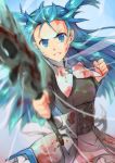  1girl black_shirt blood blood_on_face blue_eyes blue_hair chiharu_(9654784) chtholly_nota_seniorious clenched_teeth corset floating_hair highres holding holding_sword holding_weapon long_hair long_sleeves looking_at_viewer shiny shiny_hair shirt shuumatsu_nani_shitemasu_ka? skirt solo sword teeth two_side_up v-shaped_eyebrows very_long_hair weapon white_skirt 