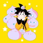  black_eyes black_hair blush blush_stickers dragon_ball dragon_ball_z hands_on_own_chin happy kneeling looking_at_viewer looking_up male_focus rochiko_(bgl6751010) simple_background smile son_goten star yellow_background 