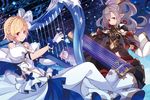  bass_clef beamed_sixteenth_notes blonde_hair braid cape crown_braid djeeta_(granblue_fantasy) dress gloves granblue_fantasy grey_hair guqin hair_over_one_eye harp highres instrument kujou_ichiso multiple_girls music musical_note navel nio_(granblue_fantasy) playing_instrument pointy_ears ponytail purple_hair staff_(music) treble_clef white_dress white_gloves 