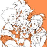  3boys brothers carrying chi-chi_(dragon_ball) couple dougi dragon_ball dragon_ball_z eyebrows_visible_through_hair family father_and_son food fruit happy hetero hug looking_at_another looking_up monochrome mother_and_son multiple_boys open_mouth orange orange_background raiku_(ugougomemomemo) short_hair siblings simple_background smile son_gohan son_gokuu son_goten spiked_hair tied_hair white white_background 