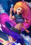  ;d bracelet braid breasts cloud crop_top highres jewelry league_of_legends leg_up long_hair midriff navel necklace night one_eye_closed open_mouth orange_hair purple_eyes purple_hair sarong scarf shorts sky small_breasts smile solo star_(sky) starry_sky stomach very_long_hair zarory zoe_(league_of_legends) 