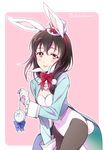  alice_in_wonderland animal_ears black_hair black_legwear blue_jacket bow bowtie brown_eyes bunny_ears bunny_tail bunnysuit chikariya cosplay detached_collar fujiwara_hajime highres idolmaster idolmaster_cinderella_girls jacket leaning_forward leotard long_hair looking_at_viewer pantyhose pink_background pocket_watch simple_background smile solo strapless strapless_leotard tail tailcoat tongue tongue_out watch white_leotard white_rabbit white_rabbit_(cosplay) 