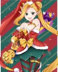  1girl blonde_hair boots bow choker christmas gloves jinx_(league_of_legends) league_of_legends long_hair pointy_ears ribbon santa_hat skirt thighhighs weapons 