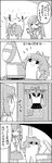  4koma arms_up bow cirno closed_eyes closet comic commentary_request detached_sleeves frog_hair_ornament greyscale hair_bow hair_ornament hair_tubes highres ice ice_wings kochiya_sanae long_hair long_skirt monochrome multiple_girls rice_cooker sailor shaded_face short_hair shoujo_kitou-chuu sick skirt smile snake_hair_ornament tani_takeshi toilet touhou translated wardrobe wide_sleeves wings 