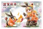  1girl 2019 :d angie_(kani-ga-tobuna) black_footwear black_gloves black_legwear blush boots breathing_fire brown_eyes character_name copyright_name creatures_(company) eye_contact fire flame floral_background food game_freak gen_5_pokemon gloves hood looking_at_another nengajou new_year nintendo open_mouth orange_coat personification pokemon pokemon_(creature) pokemon_(game) pokemon_bw scarf short_hair skewer smile squatting sweet_potato tepig thigh_boots thighhighs yellow_scarf 