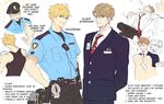  arms_behind_back arthur_pendragon_(fate) artoria_pendragon_(all) blonde_hair blowing_smoke british_airways english fate/prototype fate_(series) green_eyes hat heart index_finger_raised male_focus multiple_boys necktie peaked_cap police police_uniform policeman pvc_parfait saber_alter short_sleeves uniform yellow_eyes 