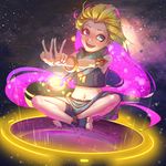  :d armlet barefoot blonde_hair blue_eyes bracelet crop_top feet full_body heterochromia highres hong_yu jewelry league_of_legends long_hair midriff multicolored_hair navel necklace open_mouth purple_eyes purple_hair sarong scarf shorts sitting sky smile solo star_(sky) starry_sky toeless_legwear two-tone_hair v very_long_hair zoe_(league_of_legends) 