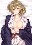  bath_yukata bed_sheet blue_eyes blush breasts brown_hair cleavage collarbone commentary_request eyebrows_visible_through_hair floral_print from_above green_eyes hanten_(clothes) heterochromia highres idolmaster idolmaster_cinderella_girls japanese_clothes kimono large_breasts looking_at_viewer lying mole mole_under_eye on_back open_clothes shiokonbu short_hair smile solo takagaki_kaede wide_sleeves yukata 
