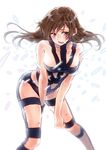  bangs bare_shoulders between_legs blurry blush breasts brown_eyes brown_hair collarbone commentary_request eyebrows_visible_through_hair floating_hair highres hot_limit idolmaster idolmaster_cinderella_girls legs_apart long_hair looking_at_viewer medium_breasts nitta_minami open_mouth revealing_clothes sidelocks simple_background solo sweat t.m.revolution takanashi_ringo teeth thighs white_background 