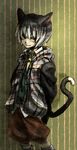  animal_ears binta_(doubutsu_no_mori) black_eyes black_hair cat_ears cat_tail doubutsu_no_mori graphite_(medium) male_focus mechanical_pencil multicolored_hair necktie pencil personification solo solow000 tail traditional_media two-tone_hair upper_body white_hair yellow_sclera 