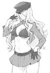  belt bikini_top bishamonten_(noragami) bishamonten_(noragami)_(cosplay) breasts camilla_(fire_emblem_if) cleavage cosplay fire_emblem fire_emblem_if gebyy-terar gloves greyscale hair_over_one_eye hat jacket large_breasts lips long_hair looking_at_viewer monochrome navel noragami open_clothes sawashiro_miyuki skirt smile solo very_long_hair 