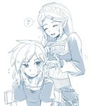  1girl blush closed_eyes greyscale hair_brushing link long_hair monochrome pointy_ears princess_zelda sayoyonsayoyo smile the_legend_of_zelda the_legend_of_zelda:_breath_of_the_wild white_background 