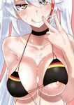  :q azur_lane black_bikini_top blush breasts brown_eyes choker close-up closed_mouth collarbone cum cum_on_body cum_on_breasts cum_on_upper_body cum_pool eyebrows_visible_through_hair facial german_flag glint hair_between_eyes head_tilt highres jewelry kurozako large_breasts long_hair looking_at_viewer mole mole_on_breast multicolored_hair nipple_slip nipples one_breast_out pink_background prinz_eugen_(azur_lane) red_hair ring silver_hair solo streaked_hair tongue tongue_out upper_body v very_long_hair wedding_band 