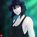  black_hair breasts chris_re5 cleavage collarbone covered_nipples eyebrows eyelashes ghost_in_the_shell green_background highres kusanagi_motoko large_breasts parted_lips pink_lips red_eyes sideboob signature solo tank_top upper_body 