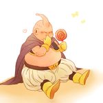  blush boots candy cape dragon_ball dragon_ball_z food gloves hand_to_own_mouth happy heart lollipop majin_buu male_focus raiku_(ugougomemomemo) ribbon simple_background sitting smile solo white_background 