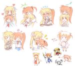  2girls animal_ears blonde_hair blue_eyes blush brown_hair candy chibi couple embarrassed eye_contact eyes_closed fate_testarossa fox_tail hair_ornament happy heart hug hug_from_behind long_hair looking_at_another lyrical_nanoha magical_girl mahou_shoujo_lyrical_nanoha mahou_shoujo_lyrical_nanoha_strikers mahou_shoujo_lyrical_nanoha_vivid military_uniform multiple_girls older open_mouth pigtails pouting red_eyes ribbon school_uniform side_ponytail simple_background smile staff star takamachi_nanoha twintails uniform wara_neko waraneko weapon white_background younger yuri 