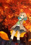  aqua_hair autumn_leaves black_legwear black_skirt blush brown_hair closed_mouth eyebrows_visible_through_hair green_eyes highres kavka long_sleeves looking_at_viewer multicolored_hair original short_hair skirt solo 