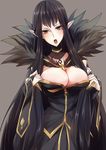  absurdres black_dress black_hair blush breasts butano_(star-dust_boxxx) cleavage dress fate/apocrypha fate_(series) fingerless_gloves fur gloves grey_background highres large_breasts long_hair looking_at_viewer open_mouth pointy_ears semiramis_(fate) solo very_long_hair yellow_eyes 