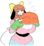  anthro avian big_breasts bird blush_sticker bow breasts brown_hair canine cleavage clothed clothing dog female fur hair holidays holly_applebee huge_breasts mammal open_mouth oven_mitts simple_background thanksgiving theycallhimcake turkey white_background white_fur 