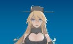  bad_id bad_twitter_id blonde_hair blue_background blue_eyes breasts cleavage headgear iowa_(kantai_collection) kantai_collection large_breasts long_hair looking_at_viewer mikoto_(oi_plus) solo star star-shaped_pupils symbol-shaped_pupils upper_body 