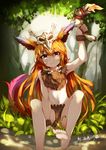 absurdres barefoot blush bone bone_necklace boomerang brown_eyes feathers feet forest fur genderswap genderswap_(mtf) gnar_(league_of_legends) hair_feathers hair_ornament hair_skull highres jewelry league_of_legends liushi_e_shalou long_hair looking_at_viewer nature navel necklace orange_hair outdoors personification sitting skull smile soles solo tail tooth_necklace 