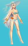  bangle barefoot bikini blue_background blue_bikini blue_eyes bracelet breasts elf flower full_body hat highres janna_windforce jewelry kokoala league_of_legends long_hair looking_at_viewer medium_breasts navel o-ring o-ring_bikini pointy_ears solo standing swimsuit very_long_hair white_hair white_hat 