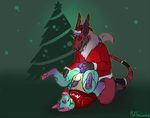  2017 4_toes anal anal_penetration animal_genitalia animal_penis anthro anthro_on_anthro asmodeus_(character) balls bottomless canine canine_penis christmas christmas_tree clothed clothing cloven_hooves digital_media_(artwork) dildo duo erection eyes_closed fur green_background hat hi_res holidays hooves hyena kneeling male male/male mammal markings melthecannibal multicolored_fur overweight pawpads penetration penis pink_pawpads purple_penis santa_hat sex sex_toy simple_background smile socks_(marking) tail_tuft toes toying_partner tree tuft 