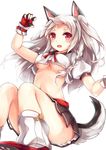  :d animal_ears arm_up azur_lane black_gloves black_skirt blush braid breasts buckle claws crop_top crop_top_overhang fang fingerless_gloves forehead foreshortening fox_ears fox_tail gloves kashiwagi_yamine knees_together_feet_apart knees_up long_hair looking_at_viewer loose_socks medium_breasts miniskirt multicolored multicolored_nails nail_polish navel no_bra open_mouth pleated_skirt puffy_short_sleeves puffy_sleeves red_eyes short_sleeves side_braid silver_hair simple_background sitting skirt smile socks solo tail tareme thick_eyebrows thighs underboob white_background white_legwear yuudachi_(azur_lane) 