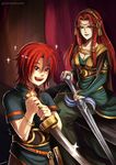  fire_emblem fire_emblem:_seima_no_kouseki gzei holding holding_sword holding_weapon ismaire jewelry joshua_(fire_emblem) long_hair mother_and_son red_hair smile spiked_hair sword weapon younger 