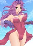  angela_(seiken_densetsu_3) blue_sky breasts breasts_apart cloud cowboy_shot day eyebrows eyebrows_visible_through_hair gloves green_eyes hair_intakes hat highleg highleg_leotard highres holding holding_staff jewelry kihaiu large_breasts left-handed legs_together leotard long_hair neck_ring open_mouth outdoors pink_leotard pointy_ears purple_gloves purple_hair purple_hat seiken_densetsu seiken_densetsu_3 showgirl_skirt sky solo staff teeth thighs tongue 