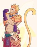  abs banana bandages beard blonde_hair earrings eveurite_(ev) facial_hair fang fingerless_gloves food fruit fur_trim gloves hair_ornament highres jewelry male_focus monkey_tail nail_polish navel necklace open_mouth orange_eyes shirtless smite solo sun_wukong_(smite) tail teeth 