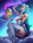  1girl areolae blue_eyes breasts familiar green_hair horn league_of_legends long_hair magical_girl medium_breasts nipples pink_lady_mage pussy sitting soraka star_guardian_soraka tagme thighhighs uncensored zettai_ryouiki 