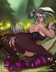  alternate_costume animal_ears anus_peek back battle_bunny_riven bent_over blush breasts bunny_ears bunnysuit commentary ecoas eyeshadow fake_animal_ears forest high_heels kneeling large_breasts league_of_legends legs lipstick long_legs looking_back makeup nature night pantyhose parted_lips purple_footwear riven_(league_of_legends) short_hair short_ponytail silver_hair solo thighs torn_clothes torn_legwear wrist_cuffs 