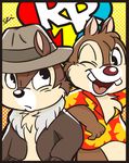  2017 black_nose border bottomless brown_border brown_fur buckteeth cheek_tuft chest_tuft chip_&#039;n_dale_rescue_rangers chip_(cdrr) chipmunk clothed clothing dale_(cdrr) digital_drawing_(artwork) digital_media_(artwork) disney dotted_background duo fedora fur hat hawaiian_shirt head_tuft hi_res looking_aside mammal one_eye_closed open_jacket open_mouth open_smile pattern_background questioning red_nose rodent saki_(pixiv_1507375) semi-anthro shirt signature simple_background smile tan_fur teeth tuft wink 