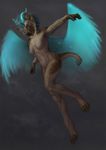  2017 4_toes 5_fingers anthro black_nose breasts brown_eyes brown_fur canine digital_media_(artwork) digitigrade feathered_wings feathers featureless_breasts female fur horn hybrid latex_(artist) mammal navel nude solo tan_fur toes wings 