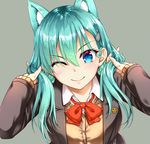  akizuki_akina animal_ears aqua_hair blazer blue_eyes blush bow bowtie breasts brown_jacket closed_mouth collared_shirt cropped grey_background hair_between_eyes hair_ornament hairclip jacket kantai_collection large_breasts lips long_hair looking_at_viewer md5_mismatch one_eye_closed open_clothes open_collar open_jacket orange_neckwear remodel_(kantai_collection) screencap shirt simple_background smile solo suzuya_(kantai_collection) third-party_edit upper_body waifu2x white_shirt work_in_progress 